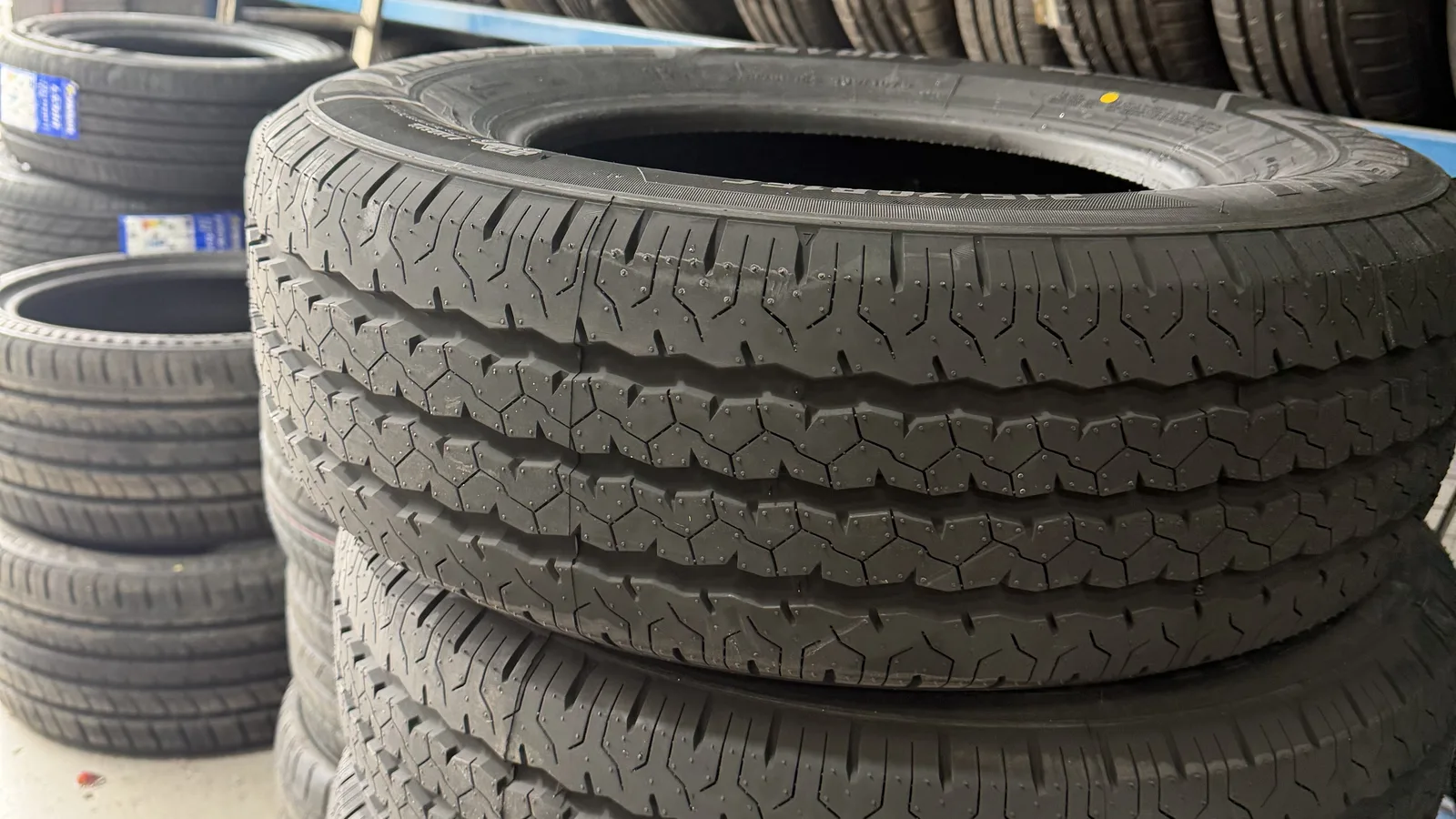 Van tyres stacked ready for fitting